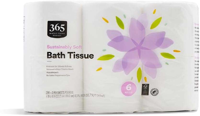 Product image of 365 by Whole Foods Market, Sustainably Soft Bath Tissue, Hypoallergenic, 286 Sheets per Roll, 6 Count