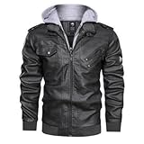 compulsoryking Chaqueta de cuero con múltiples bolsillos para hombre, para otoño, invierno, cortavientos, ajustada, con capucha, chaqueta de ocio de poliuretano, Gris, Small