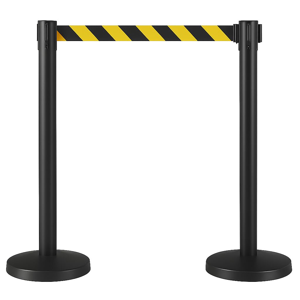 Retractable 3m Belt Barriers Twin Pack - Heavy-Duty Steel Stanchion for Queue & Crowd Control - Freestanding Durable Retractable Safety Barrier (Black Post, Black & Yellow Belt)