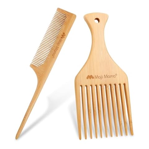 Maji Mama Natural Bamboo Hair Pick Fine Wide Tooth Wooden Afro Pick For Beard Curly Wave Thick Thin Hair,Rat Tail Comb For Teasing Strands & Post Styling For Men or Women 2PCS Cover