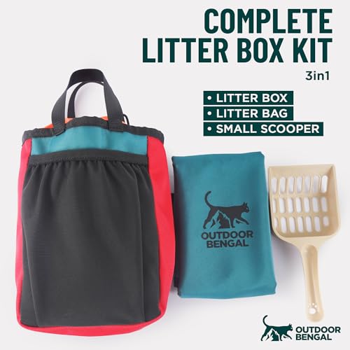 Image of OutdoorBengal Go Litter Portable Travel Litter Box Set for Cats (3in1, S) | Foldable pan + carry pouch and scooper, collapsible, leak proof, non stick and easy to wipe clean, camping, car and airplane