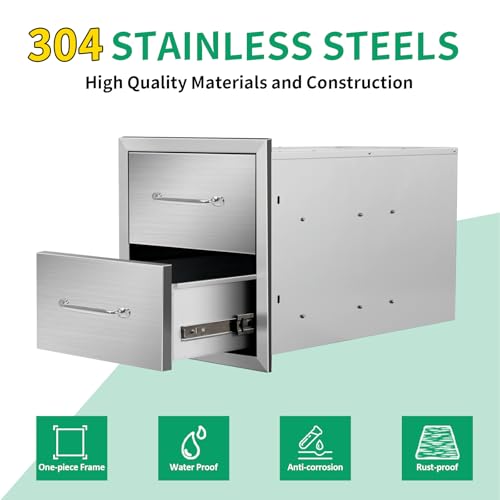 Image of Outdoor Kitchen Drawers 14 inch W x 15 inch H x 23 inch D Stainless Steel Double Drawers with Ergonomic Handle for BBQ Island, Patio Grill Station & Outdoor Kitchen Cabinets