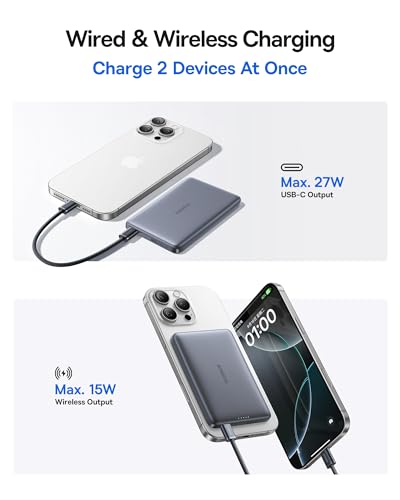 Baseus Picogo Magsafe Portable Charger, Qi2 Certified 0.5" Ultra Slim 15W Wireless Power Bank, 10000mAh 27W Fast Charging Magnetic Battery Pack with USB-C for iPhone 17/16/15/14/13/12 Series Only