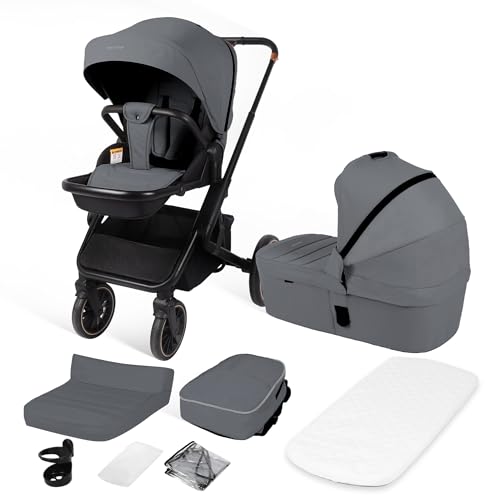 BabyVoyage Cochecito 2 en 1,Carro bebe con empuje reversible de dos vías 0-48 meses Hasta 26 kg, sistemas de viaje, Ruedas grandes Todoterreno 360°, Silla paseo bebe, plegable con un clic (gris)