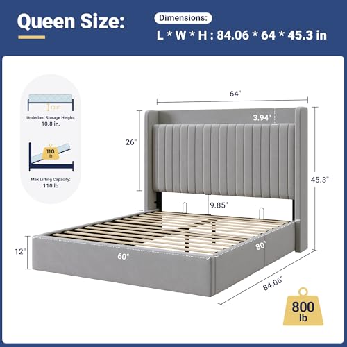 Image of Allewie Queen Size Lift Up Storage Bed Frame,Storage Shelf Headboard with Charging Station,Type-C and USB Ports,Hydraulic Support,Velvet Upholstered Bed Frame,No Box Spring Needed,Grey