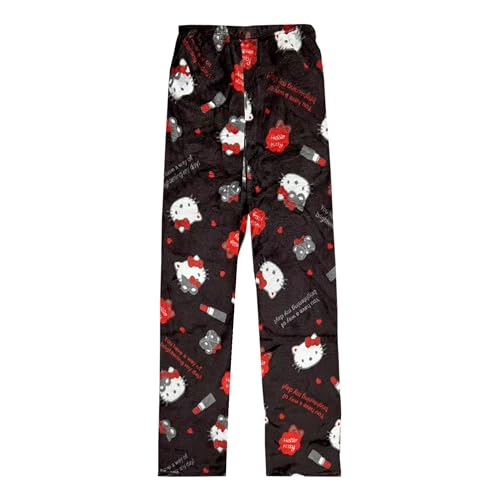 Image of BIUGNVW Anime Pajamas Pants Women Cartoon Family Christmas Pajama Pants Kawaii Flannel Pajama Pants Black and Pink