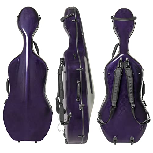 MI&VI CC-9001 Pure 100% Carbon Fiber Cello Case (Full Size) 4/4 with Wheels | Carry Straps | 8lb Lightweight | Tough Shell (Purple)