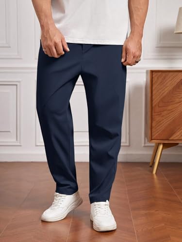 Image of SHIENZY Men's Elastic Waist Formal Trousers | Comfortable Business Casual Pants with Drawstring | Lightweight Workwear for Men | Beige Office Pants