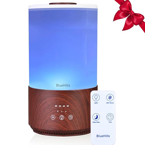 BlueHills Premium 4000 ml Tall Essential Oil Diffuser 4L 4 Liter 50 Hour Run with Remote Timer Aroma Humidifier 1 Gallon Big Capacity High Mist Output for Large Room Lights Dark Wood Grain XL T402