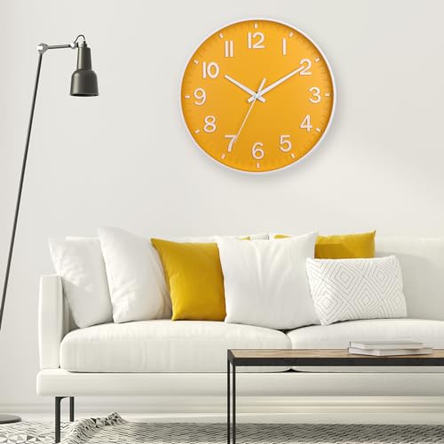 Image of HZDHCLH Yellow Wall Clocks Battery Operated,12 inch Silent Non Ticking Modern Wall Clock for Living Room Bedroom Kitchen Office Classroom Decor