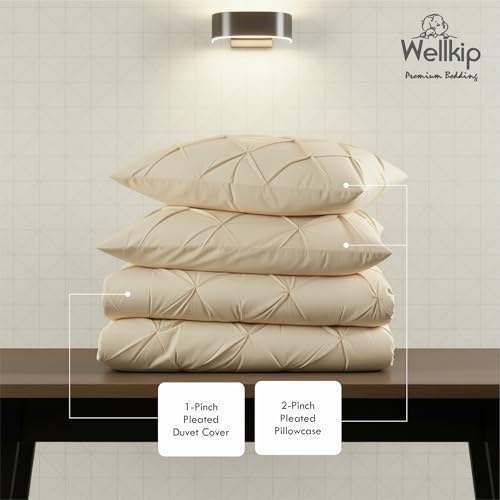 Image of Pinch Pleated Duvet Cover Set 1000TC 100% Cotton Premium 3-Pieces 1-Duvet Cover & 2-Pillow Cover Luxury Look Home and Hotel Zipper & 8-Tie Closure (Ivory, Double 90 X 100 Inch)