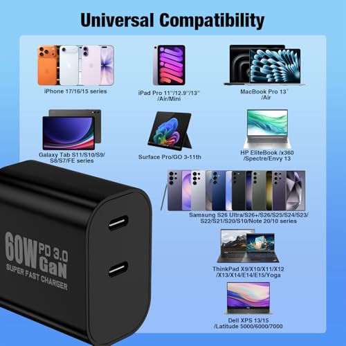 Image of Dual Port Type-C Fast Charger 60W(in total) for Samsung Galaxy S26 Ultra, 6 /6 /10 /10FT PD3.0 USBC Fast Charging Cable /Cord for Galaxy S26 S25 S24 S23 S22 Plus,Android Phone, iPhone 17 /16 /15 Pro Max,Tab
