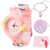 Vspek Orologio analogico con cinturino in silicone rosa, orologio stile cartone animato, braccialetto, portamonete, biglietto di auguri, regalo di compleanno