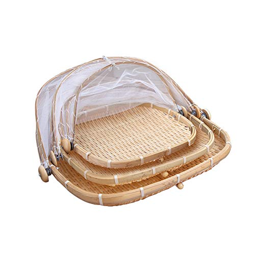 Cesta De Bambú Servicio De Comida Picnic, Cubierta De Malla, Tejidas A Mano Insecto A Prueba, A Prueba De Polvo Pan De Frutas Y Verduras Contenedor De Almacenamiento (Set Cuadrado,3 pcs) Cover