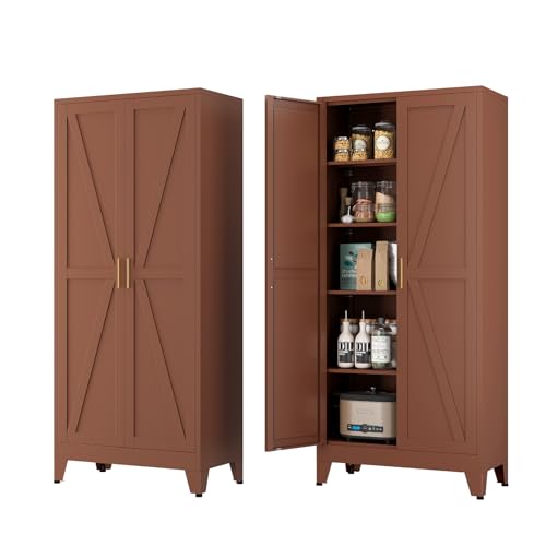 Image of Farmhouse Pantry Cabinet with Barn Doors, 71 inch H x 31.5 inch W, 5-Tier Metal Storage Cabinet with 4 Adjustable Shelves for Kitchen Garage Dining Room,Brown 1 Pack