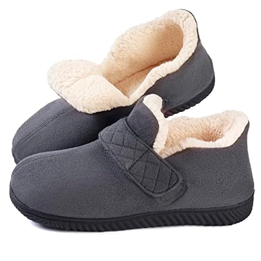 Zizor Mens Slipper, Velcro House Shoes for Diabetic, Men Gifts, My Pillow Memory Foam, Indoor Outdoor, Winter Ankle Pantuflas with Rubber Sole (Dark Grey, Size 10)