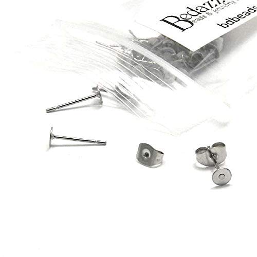 20 Hypo-Allergenic 304 Grade Stainless Surgical Steel Flat Pad Setting Earring Findings with Backs (4mm Pad)