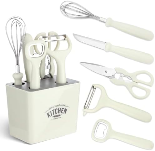 BEWOS Kitchen Gadgets, 6 Pieces Multifunctional Kitchen Utensil Set, with Fruit Knife, Paring Knife, Scissors, Whisk, Bottle Opener, and Kitchenware Rack, Dishwasher Safe, BPA Free, White