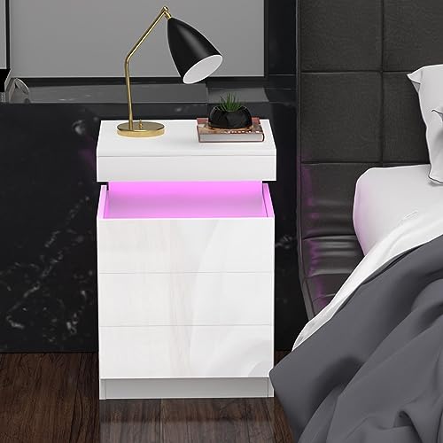 Chleby Moderne Table de Chevet Brillante avec Fonction de Charge Blanc Table de Chevet avec 3...