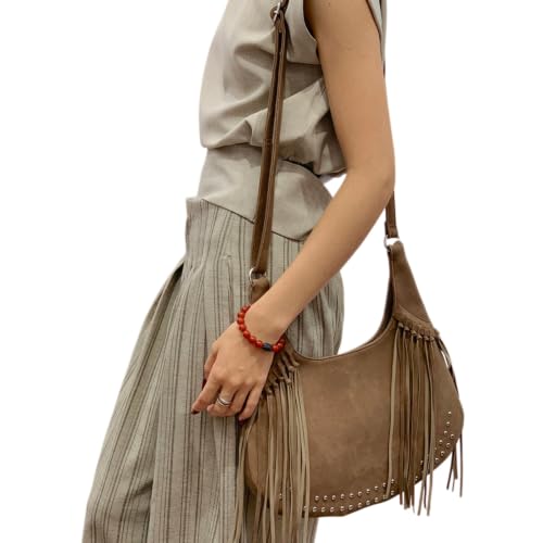 Image of Women Vintage Suede Fringe Hobo Bag Tote Shoulder Bag Crossbody Bag and Hippie Western Cowgirl Purse Shoulder Bag
