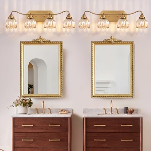 Image of Vintage Bathroom Light Fixtures, 4 Light Gold Bathroom Vanity Light, Matte Antique Brass Finish with Amber Crystal Glass Shade, Wall Sconces Lighting for Bedroom, Living Room(Amber-colored Glass)
