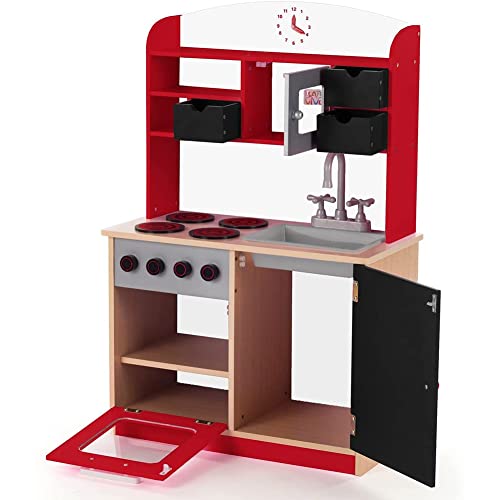 Bakaji Cucina In Legno Giocattolo Per Bambini Con Anta E Cassetti Lavagna Lavello In Plastica 4 Fornelli Forno Apribile E Microonde Chiusure Magnetiche 60 X 30 X 90 Cm (Rosso) - 2