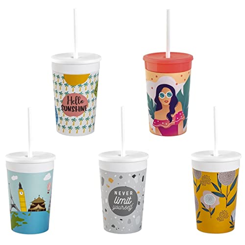 Engelland 5 x Kunststoffbecher mit Deckel und Strohhalm, BPA-frei, Bunte Mischung, Trinkbecher, Party-Becher, Plastik, Trink-Gläser, Mehrweg 0,33l