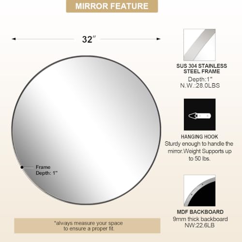 Image of ANDY STAR Round Chrome Mirror, 32 inch Round Chrome Mirror, Circle Bathroom Mirror for Bathroom in Stainless Steel Metal Frame