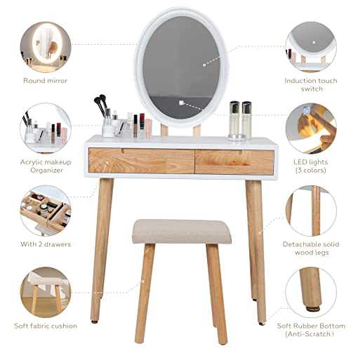 Yourlite Makeup Vanity Desk With Lights,Small Vanity With Adjustable Brightness Mirror For Samll Spaces,Vanity Desk With Drawers (31.5", Oval Mirror Wood) #TOP2