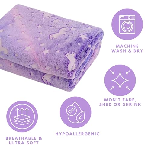 Image of Famyo Glow in The Dark Flannel Fleece Winter Blanket Combo 200x152 cm | Soft cozy double /queen size blanket with unicorn pink & purple design, warm all-season throw for kids, bedroom & gifting