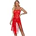 Robe Longue Fendue Transparente pour Femmes Jupe en Maille Teddy en Dentelle Une pièce Nuisette Sexy Deep-V Dos Ouvert Nuisette Lingerie (Rouge,S)