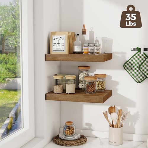 Image of Fun Memories 12 Inch Deep Floating Shelves, 16 x 12 Wooden Wall Shelves, Extra Deeper & Thicker Rustic Wall Mounted Storage Shelf for Fireplace, Living Room, Kitchen, Farmhouse, Walnut - 3Pack