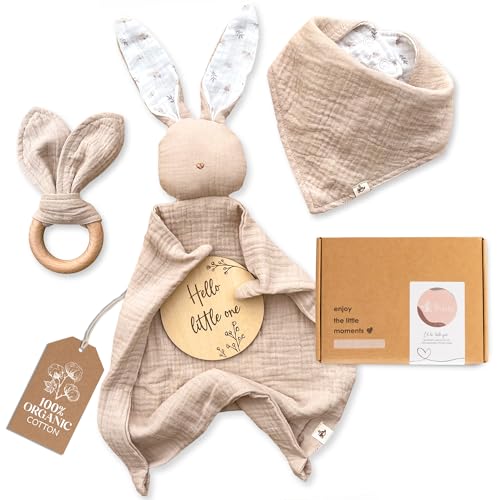 Image of Mikito Organic Cotton Newborn Gift Box, Unisex Baby Gift Set incl. Muslin Lovey Comforter + Bandana Bib + Wooden Teether + Birth Announcement Sign