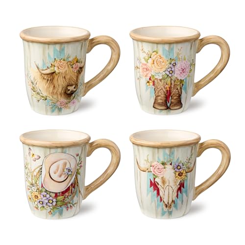 Rosewood 14-Ounce Mugs Set of 4 Assorted Western Designs with Floral Cowboy Boots Highland Cow Cowboy Hat & Steer Skull Durable Ceramic Perfect for Coffee Tea & Rustic Farmhouse Dcor