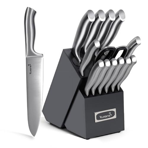Image of KUISINE Upgraded Premium Chef Knife Set,High Carbon Stainless Steel Razor-sharp Blade Ergonomic Non-slip Steel Handle,Block Knife Set with Built-in Sharpener(Black Silver,15PCS)