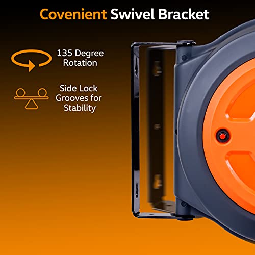 Superhandy Extension Cord Reel Retractable Extra Long 12Awg X 65' Feet Industrial Polypropylene Ultra Heavy Duty 3C Sjtow Commercial Premium Grade Ultra Flexible Cable (S3) Triple Tap Connector #TOP5