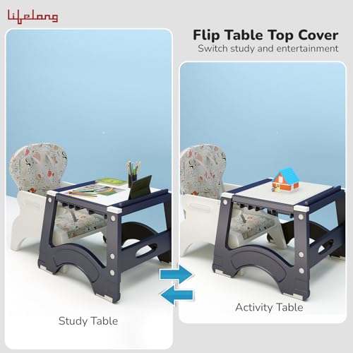 Image of Lifelong Cuppy High Chair for Baby 6M to 7 Yrs, 4 in 1 Convertible High Chair, Activity Table with Blocks, Study Table, Dining Chair with 5-Point Harness, Washable Cushion & Detachable Tray (LLCHC03)