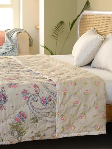 Image of Dohar Single | Double Bed 100% Cotton Blankets for Summer 90x100inch, 150GSM Ac Comforter and Cooling for Summer Classic Printed Design Quilt Ideal for Gifting (Cream Color Curry, Single)