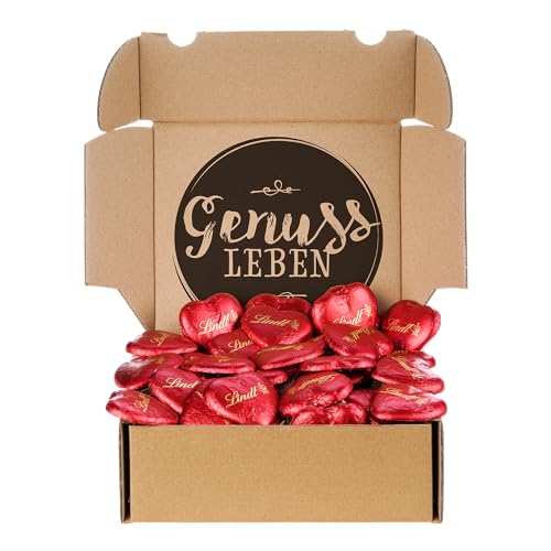 Genussleben Geschenkbox mit Lindt Feinherb Schokoladenherzen 700g Ca. 36 einzeln verpackte Pralinen & Süßigkeiten Schokolade Geschenkidee für Familie Freunde oder einfach mal DANKE sagen