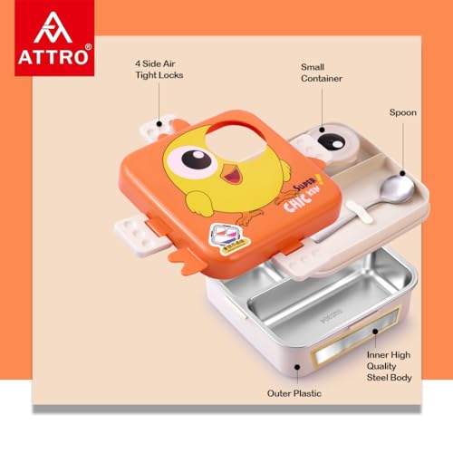 Image of ATTRO Carnival Super Birdy Lunch Box 2 Layer Stainless Steel Lunch Box Comes with 1 Detachable Tray, 1 Small Container & 1 Spoon Ideal for Kids BPA Free 1120ml+70ml- Orange