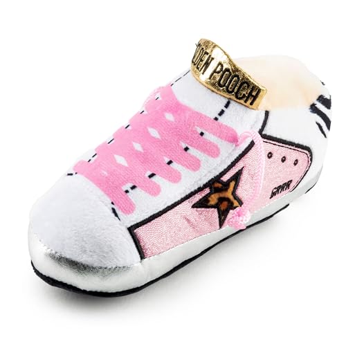 Haute Diggity Dog Pink Golden Pooch Tennis Shoe, Plush Designer Dog Toys with Interactive Squeaker, Stimulating Pet Enrichment, Machine-Washable & Safe Materials for All Breeds, One Size