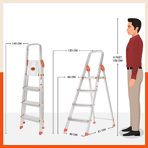 Bathla Advance 4-Step Foldable Aluminium Ladder for Home | Heavy Duty & Anti-Slip Steps | 5 Year Manufacturer Warranty | with Sure-Hinge Technology (Orange)