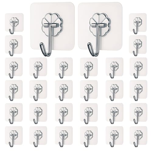 Image of DALUCI Self Adhesive Wall Hooks for Hanging - 30 Pcs Heavy Duty Wall Hanger Hooks Without Drill | Transparent Nail Free Sticky Hooks for Wall Heavy Items, Bathroom, Kitchen (Flower Hook, 30)