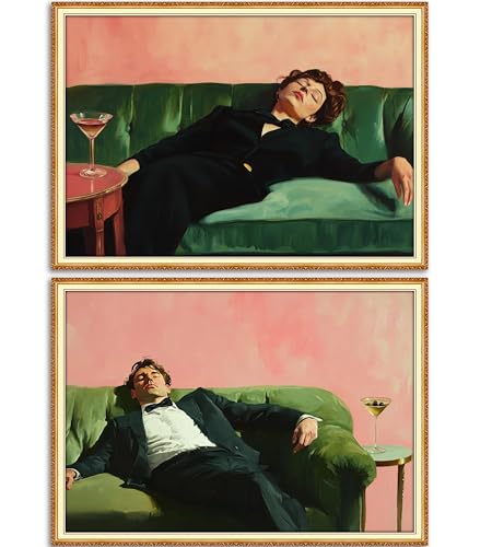 Vintage Woman Canvas Wall Art Funky Victorian Woman on Couch with Martini Picture Wall Decor Eclectic Cocktail Poster Trendy Bar Cart Decor Painting Print Artwork for Bar Kitchen Dining Room, Unframed