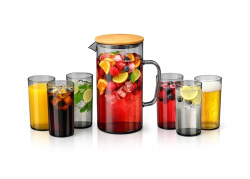 Image of bellemax 1.8 Litre Water Jug with Wooden Lid & 6 Black Juice Glasses Set | Premium Glass Water Jug Set for Home Kitchen | Juice, Water, Cold Drink Serving Set | Stylish Beverage Pitcher Set of 7