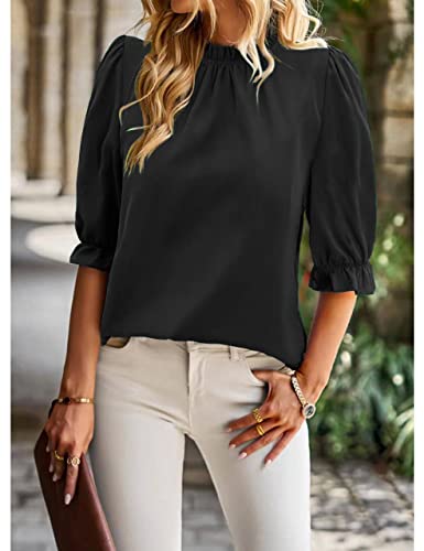 ZILIN Women's Summer Boho Floral Shirt Top Ruffle Mock Neck Puff Short Sleeve 2024 Casual Blouses4