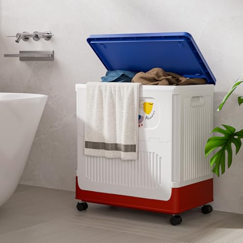 Image of HAIXIN HOME 60L Cute Laundry Hamper, Slim Rolling Laundry Hamper with Lid, Dirty Clothes Hamper Cart with Handle for Bedroom, Bathroom, Closet, Dorm, Blue Lid, White Body and Red Base - Tricolor