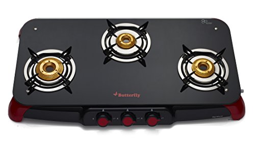 Butterfly Signature Glass Top 3 Burner Gas Stove, Manual Ignition, Black/Red