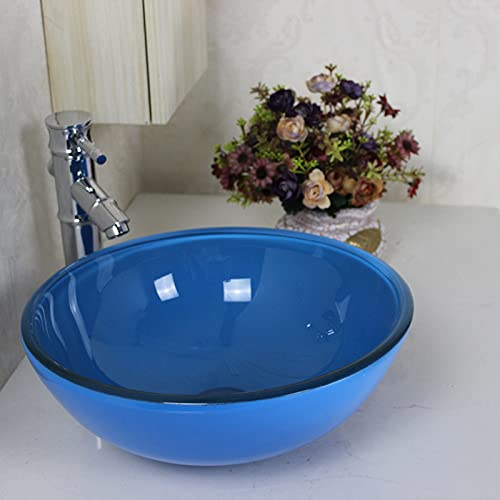 chicstyleme30cm Mini Washbasin Round Vessel Washbasin Countertop Washbasin for Cloakroom Bathroom Tempered Glass Washbasin Washbasin (Faucet not Included) Azure Blue