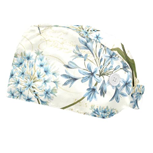 Casquettes de travail ajustables 2PCS avec bonnet bouffant et fleurs bleues
